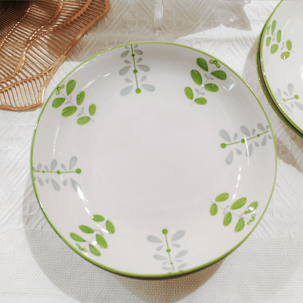 Farmhouse Green Leaf 8-Inch Deep Plate Botanical Ceramic Soup Bowl