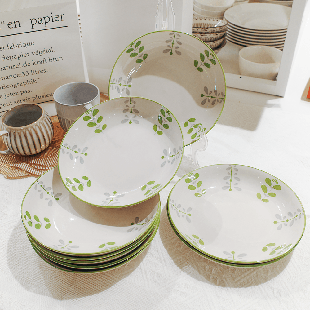 Farmhouse Green Leaf 8-Inch Deep Plate Botanical Ceramic Soup Bowl