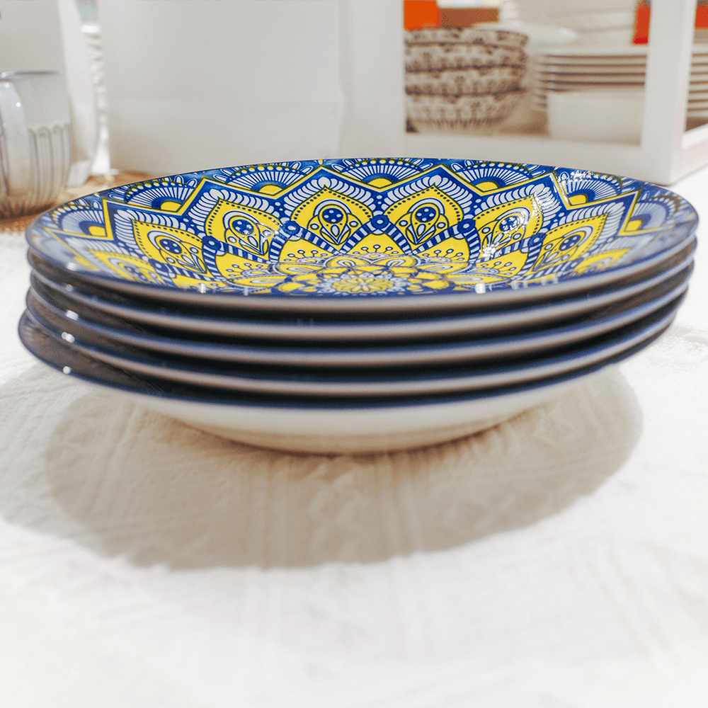 Bohemian Mandala 8-Inch Deep Plate Blue & Yellow Ceramic Soup Bowl