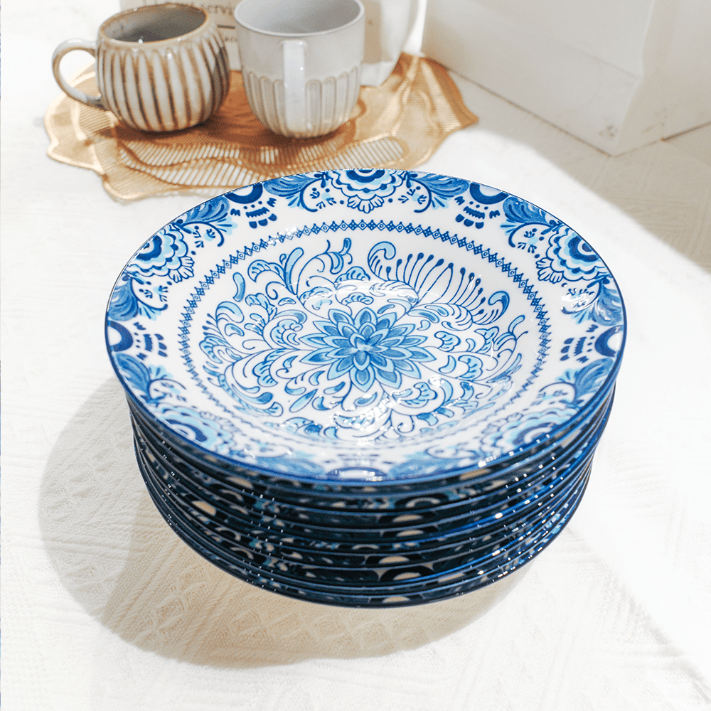 Blue Chrysanthemum 8-Inch Deep Plate Oriental Floral Ceramic Soup Bowl