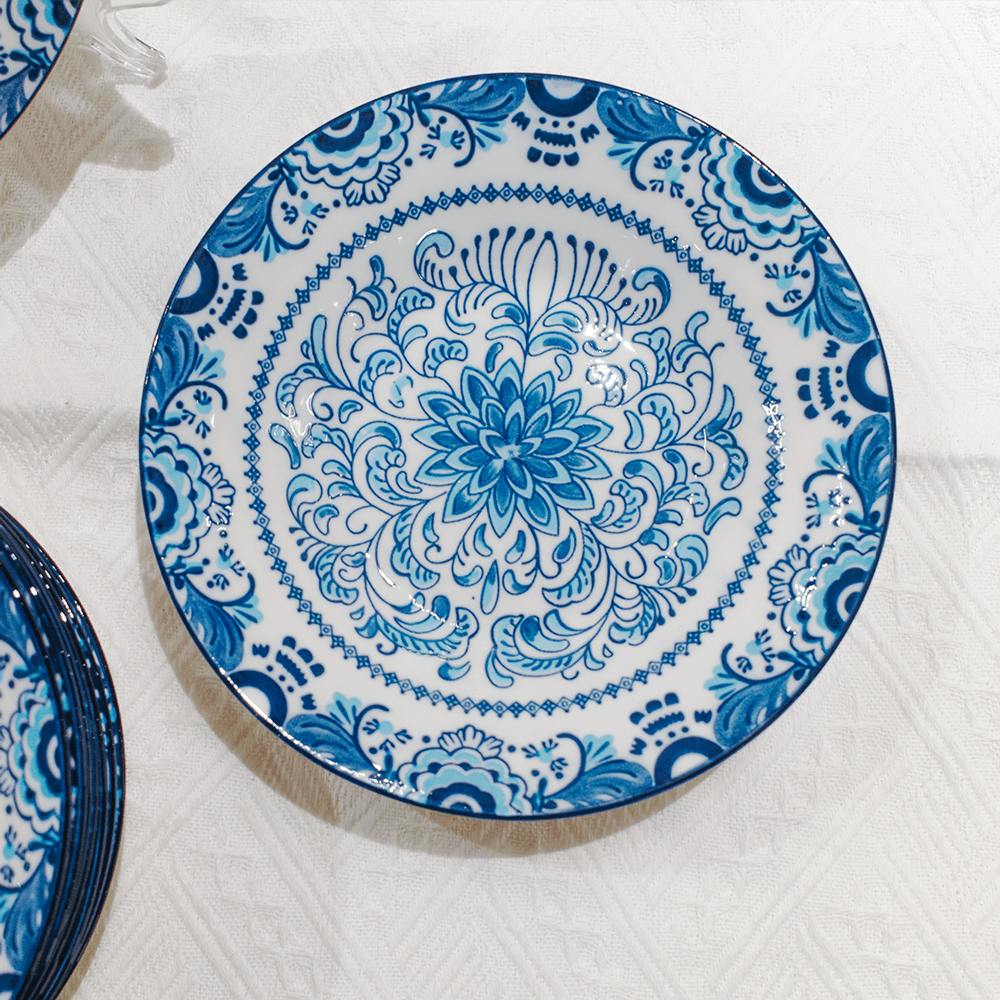 Blue Chrysanthemum 8-Inch Deep Plate Oriental Floral Ceramic Soup Bowl