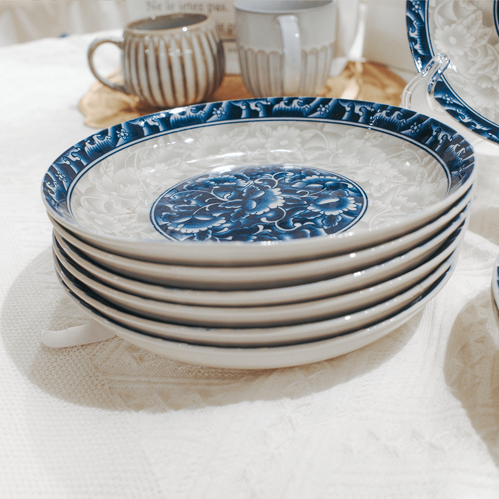 Vintage Blue Floral 8-Inch Porcelain Deep Plate