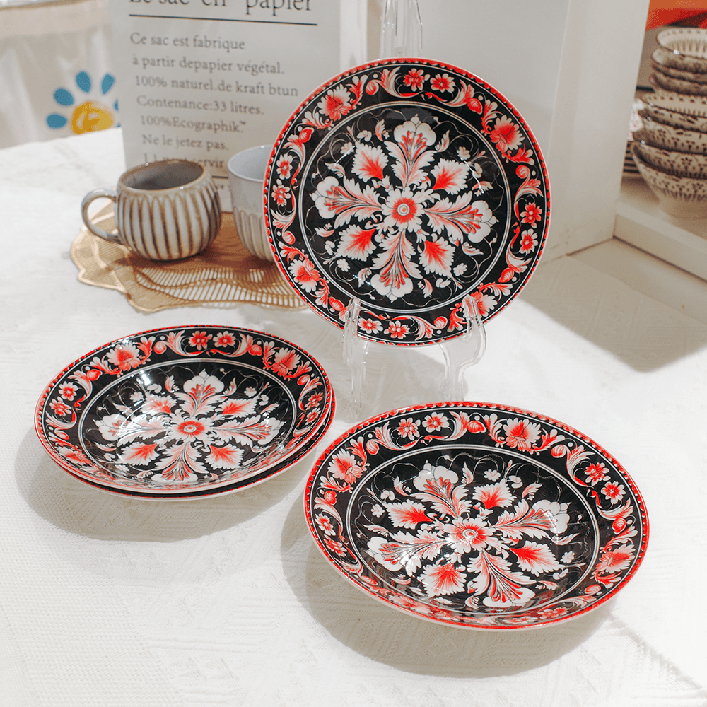 Ornate Red Floral 8-Inch Deep Plate Vintage Black Ceramic Bowl