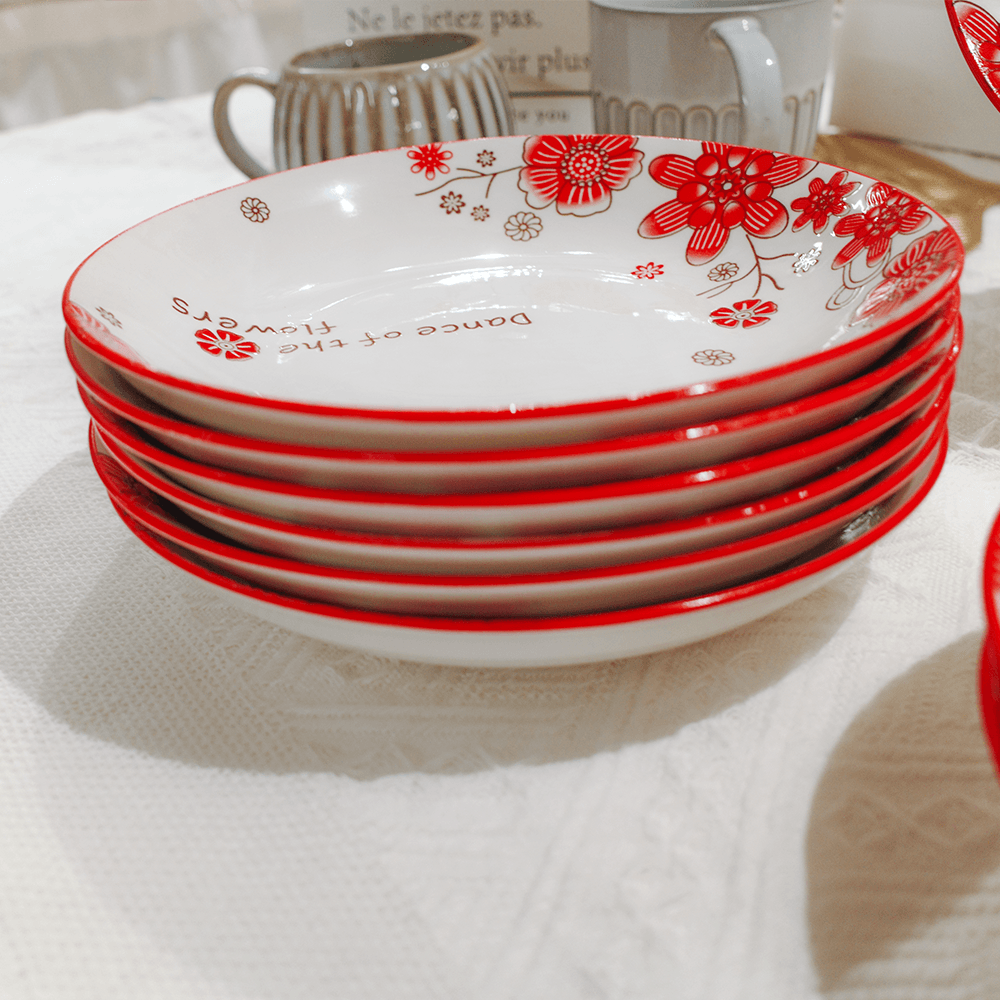 Ditsy Floral 8-Inch Deep Plate Cute Red Flower Cottagecore Pasta Bowl