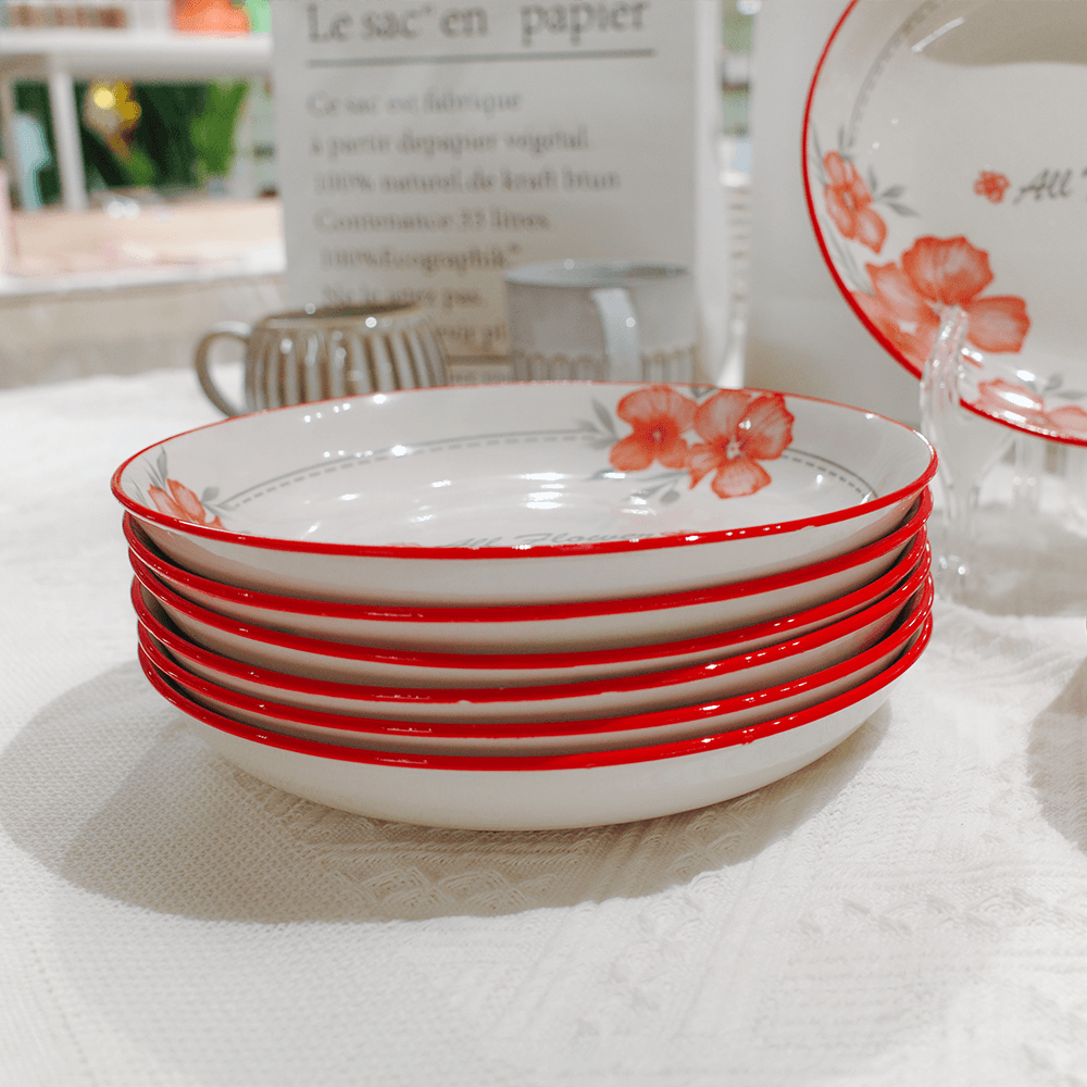 Elegant Red Evening Primrose 8-Inch Deep Plate Floral Botanical Pasta Bowl