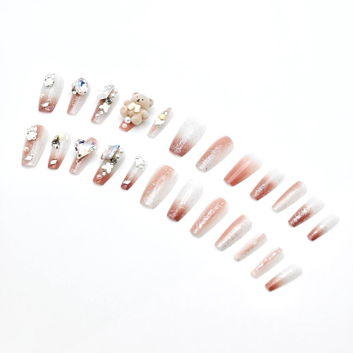 80040001801_1-1.jpeg Long Coffin Press-On Nails Nude Pink Gradient | Glitter & Teddy Bear Charm