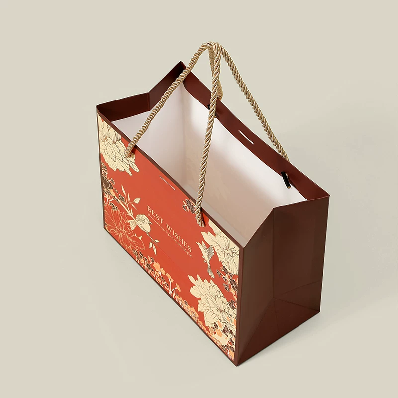 Vintage Red Floral Large Gift Bag with Ribbon