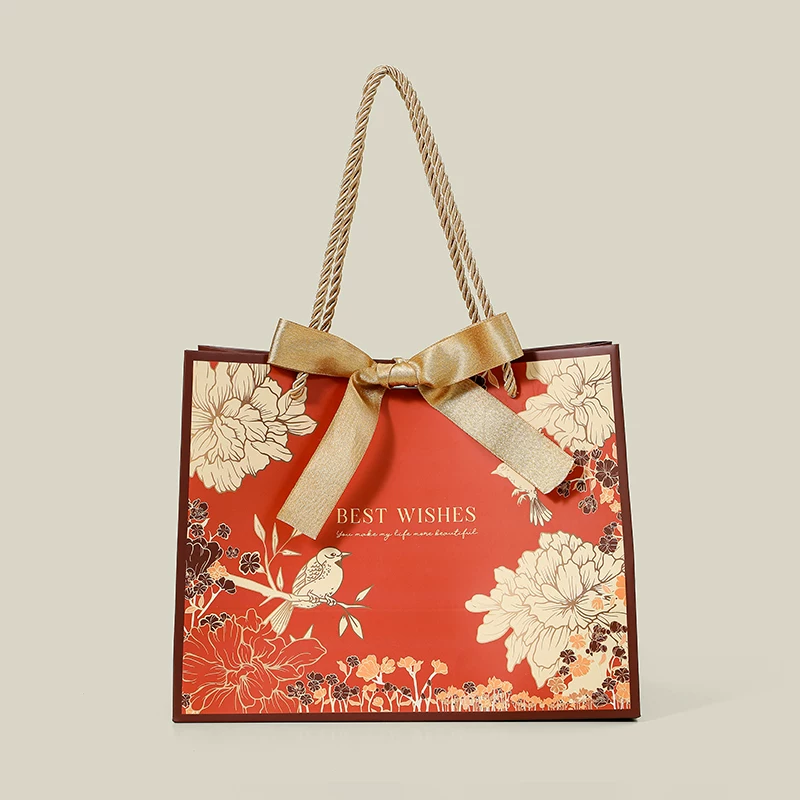 Vintage Red Floral Large Gift Bag with Ribbon