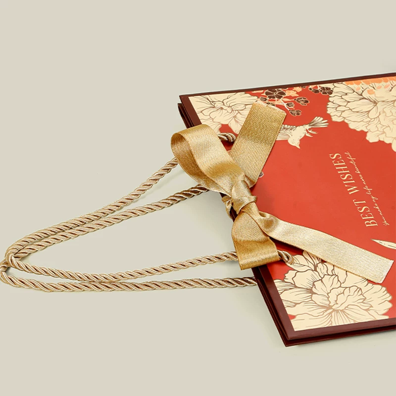 Vintage Red Floral Large Gift Bag with Ribbon